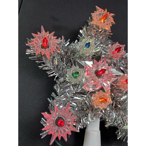 Silver Tinsel Lighted Christmas Tree Top Topper 5 Point Multi Color Box 6" - Picture 3 of 5